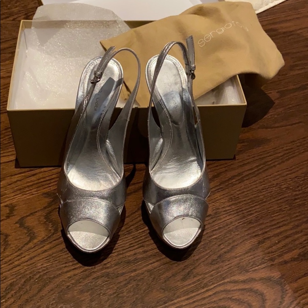 Sergio Rossi silver and white heels